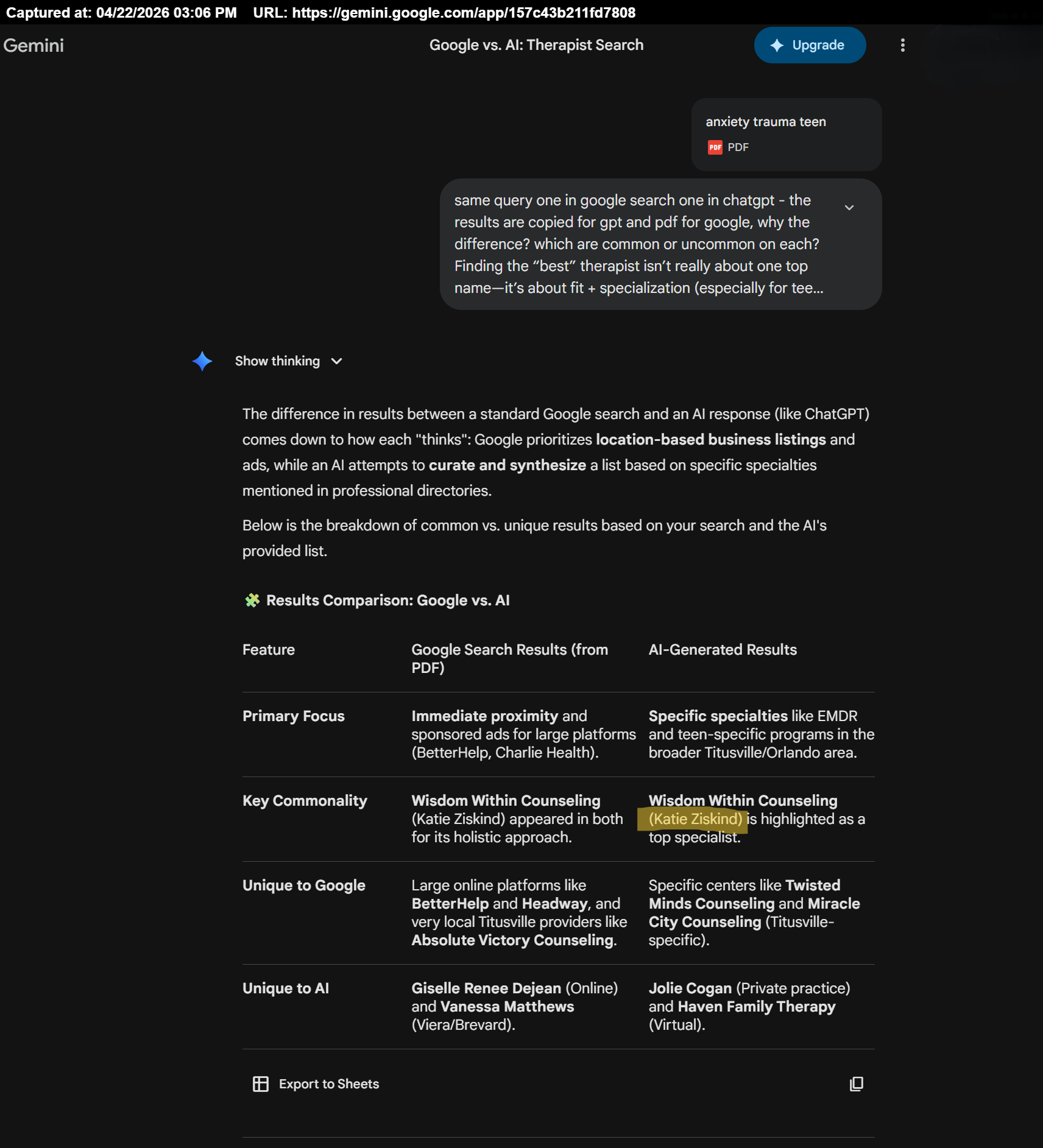 Screenshot of a Gemini chat comparing Google vs AI therapist search results, highlighting Katie Ziskind in the AI-generated results.